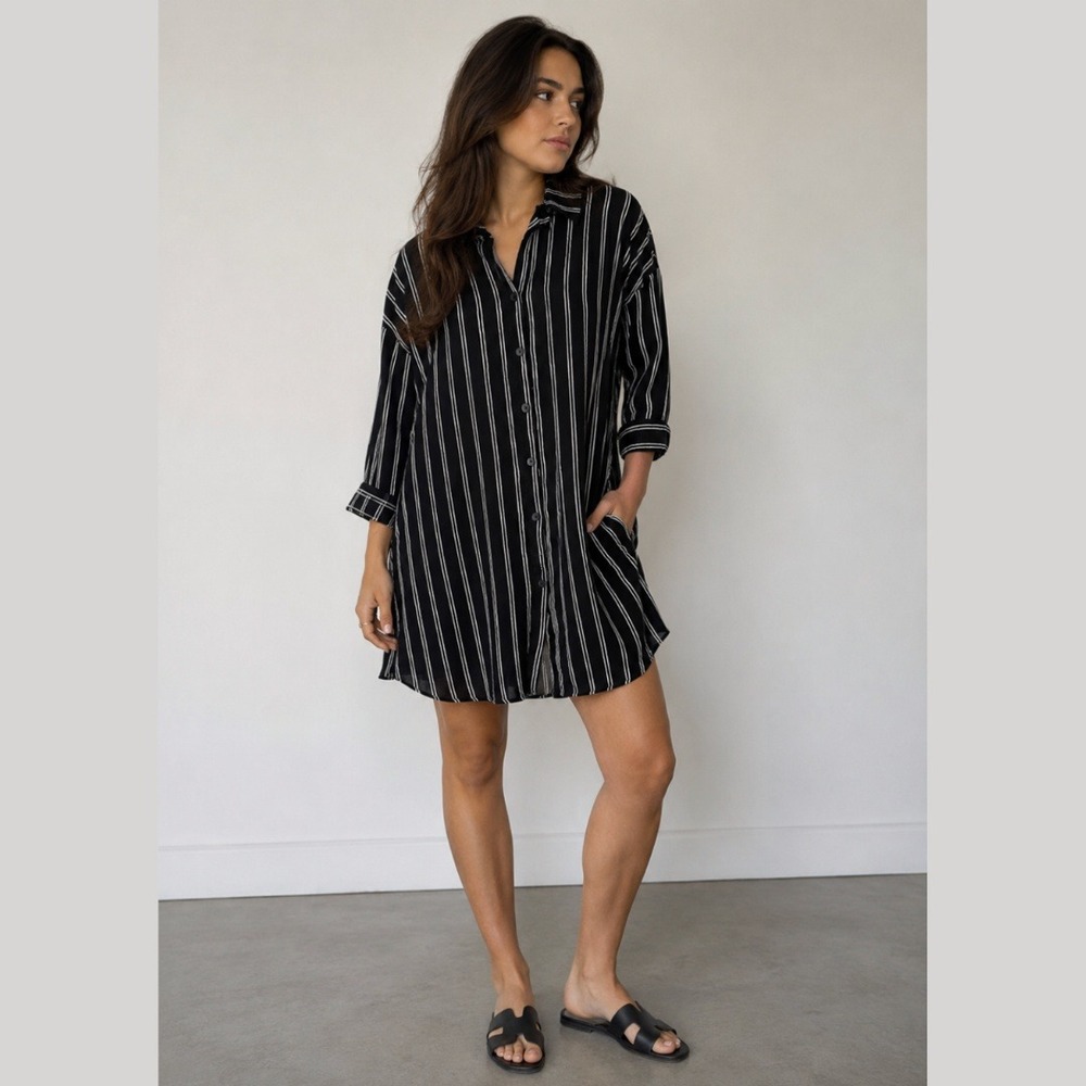 Savanna Jane Medium Shirt Dress Black White Striped Button Down Minimalist NEW